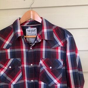 LEVI’S western plaid Pearl snap shirt blue Red White Plaid sz L button down EUC